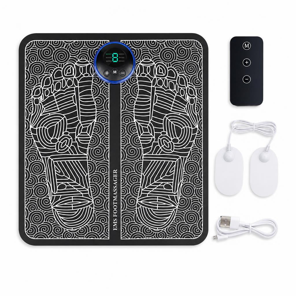 Everything in the box: mat, wireless remote, two calf electrode pads and USB cable