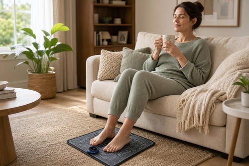 Woman relaxing on a sofa with her bare feet on the NeuroPulse mat