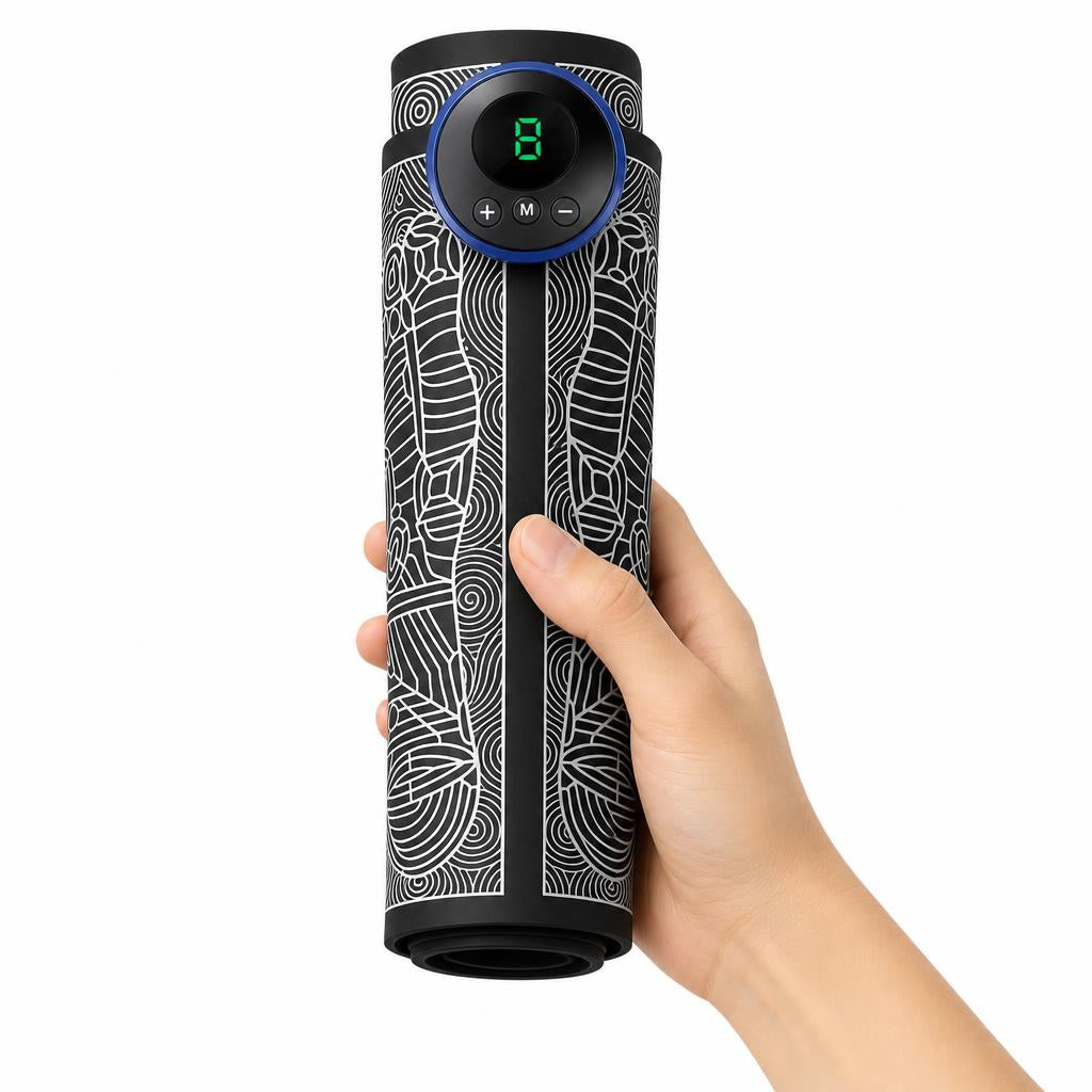 The mat rolled up in one hand, showing how portable it is