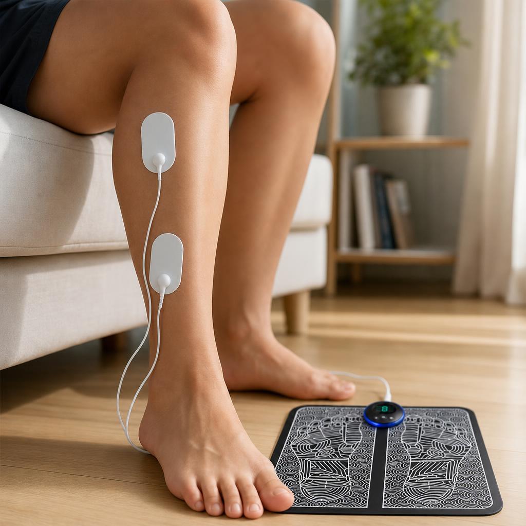 Two electrode pads applied to a calf, connected to the NeuroPulse mat